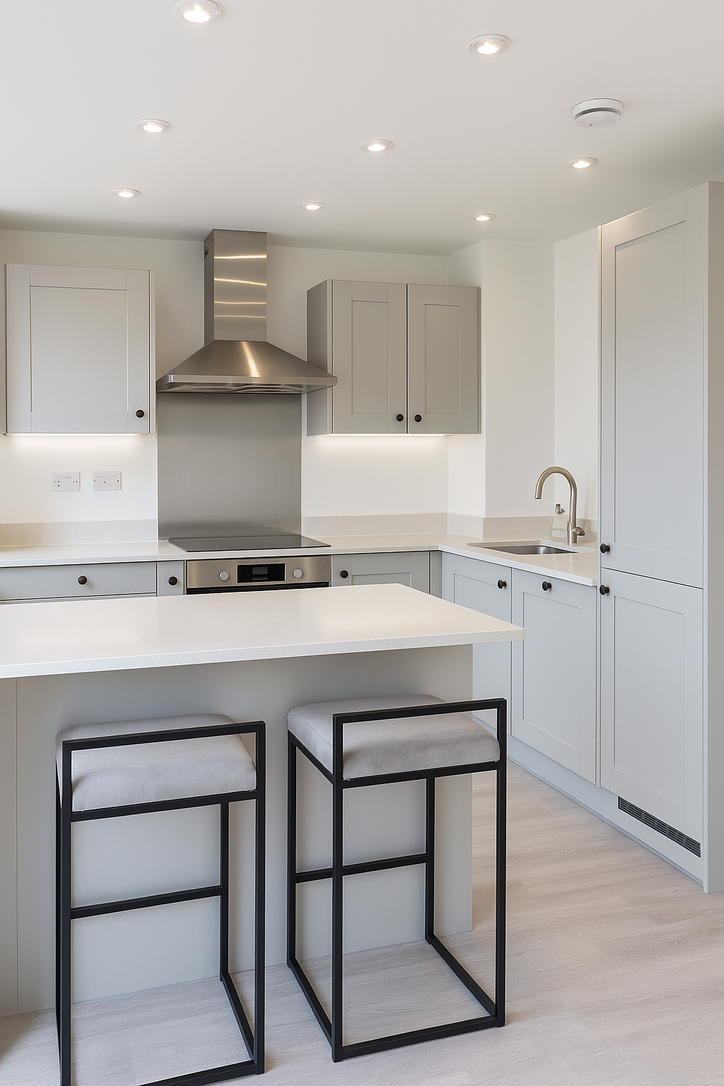 Shaker kitchen in soft grey with island and breakfast stools